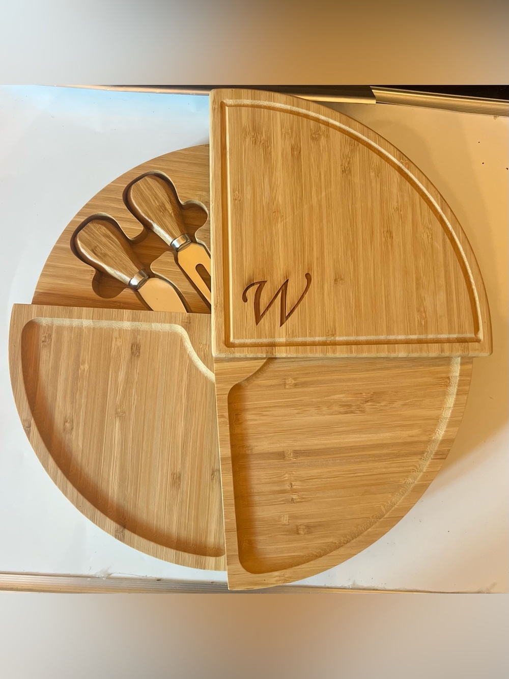 Picnic at Ascot Swiveling Bamboo Charcuterie Board with Cheese Knife Set NWOB